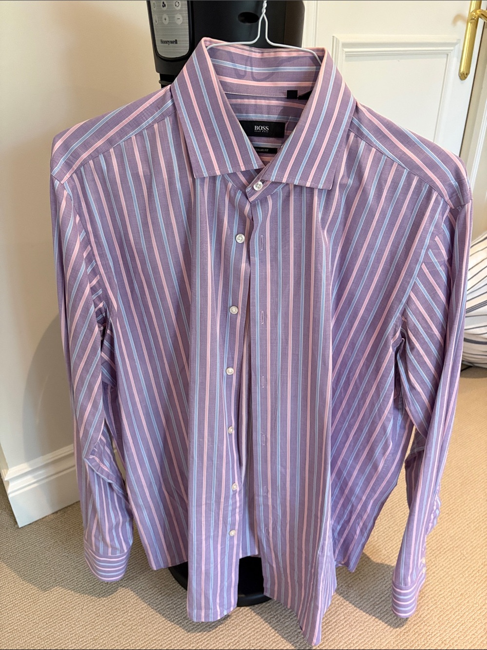BOSS Men's Lavender and White Striped Dress Shirt